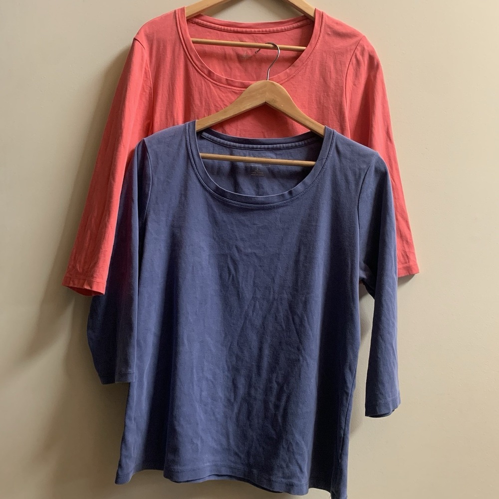 L.L. Bean Women's Top Shirt blue and pinkcoral. Crew Neck 3/4 Sleeve, 100%Cotton - Picture 4 of 16